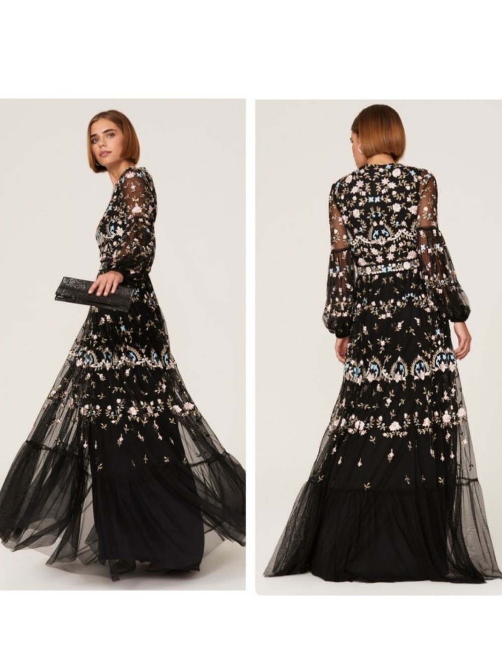 NWT Mac Duggal Floral Embroidered 35111 Black Mesh Maxi Gown 4